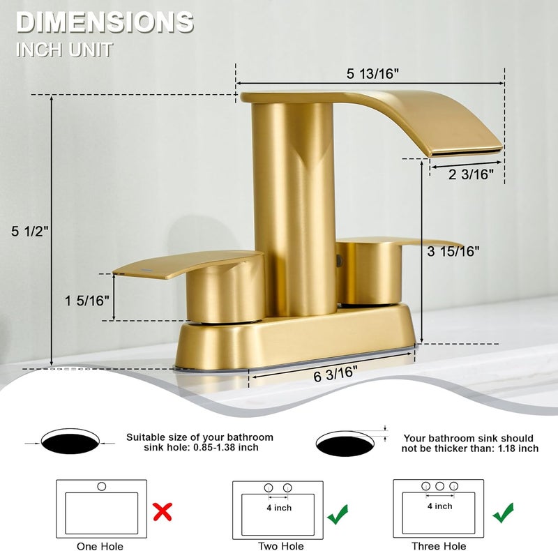 Ultimate Unicorn Bathroom Faucet for Sink Brushed Gold, 4 Inch Bathroom Sink Faucet for 3 or 2 Holes, 2 Handle Waterfall Faucets with Pop up Drain, Centerset Faucets for RV, Patent No. : US D983,326 S - Image 3